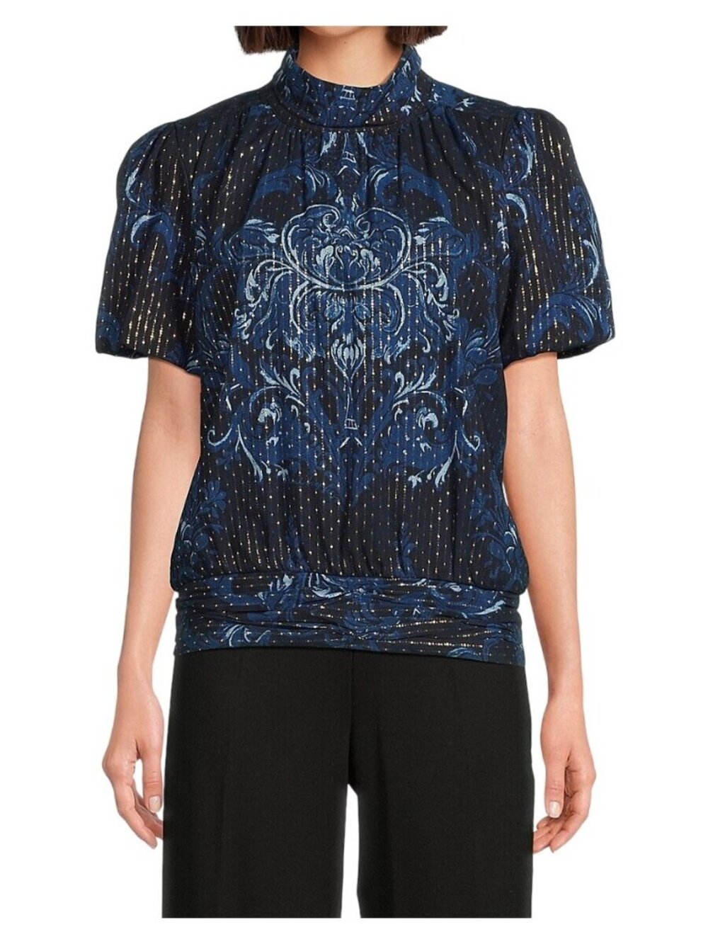 NWT Karl Lagerfeld Paris Blue Metallic Damask Puff Sleeve Blouse L MSRP $89